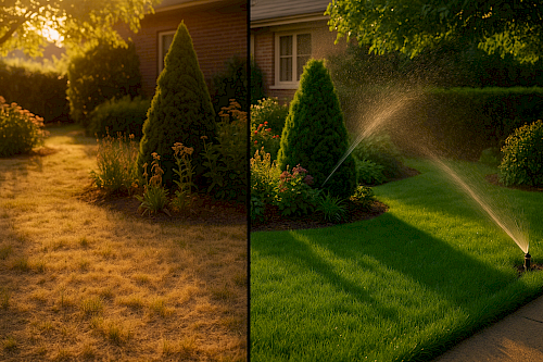Links zeigt die vertrocknete, braune Rasenfläche die dramatischen Folgen des Wassermangels, während rechts derselbe Garten dank automatischer Sprinkleranlage in saftigem Grün erstrahlt.