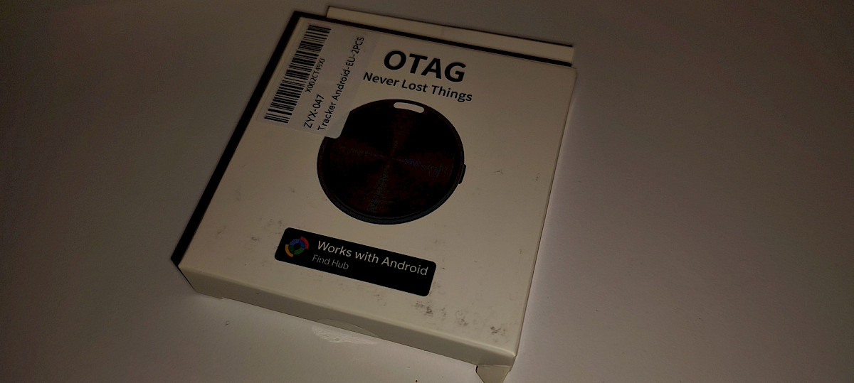 Produktverpackung Vorderseite – der CooAoo Android Smart Tag im 2er-Pack mit Hinweis auf die Google „Mein Gerät finden“-Kompatibilität.